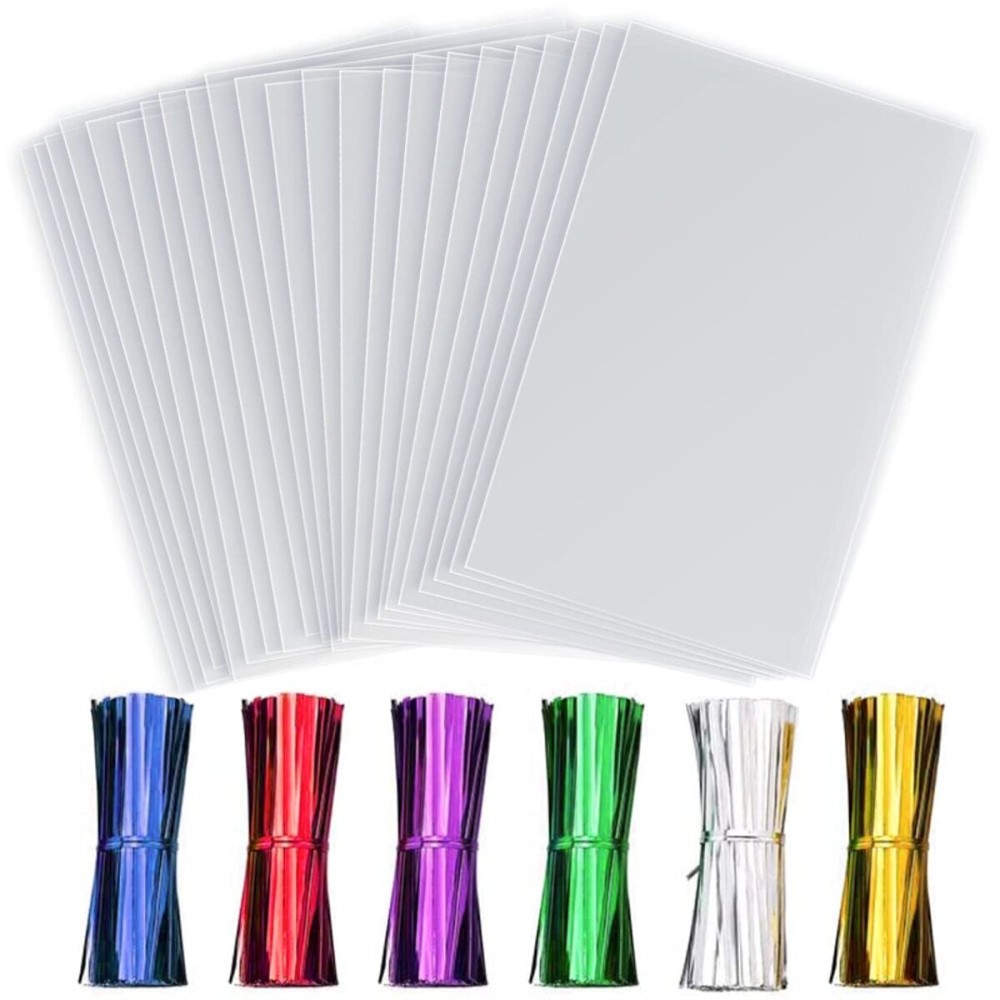 LEOSINDA 50 pcs Clear Cellophane Treat Bags 8 X12 Clear Plastic Cellophane Bags with 6 Mix Colors Twist Ties for Gift Wrapping,Packaging Candies,CookieDessert,Bakery, Popcorn, Chocolate,Party Favor
