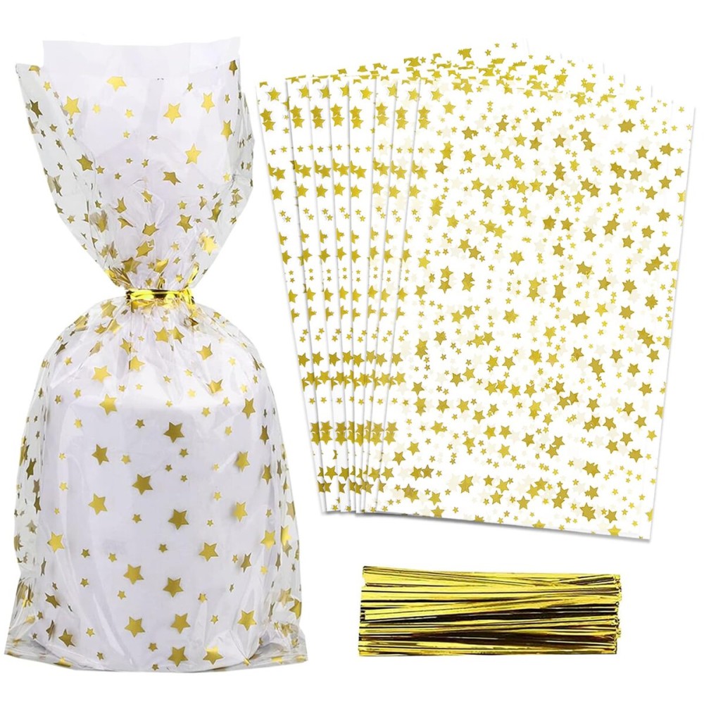 COQOFA 100 Pcs Star Printed 5X 11 Gift Wrap Cello Cellophane Treat Bags Party Favor bags Clear Candy Cookie Bags Plastic Poly Goodie Storage Bags with Twist Ties for Bakery,Birthday, Wedding ,Party Decorations (Gold)