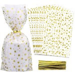 COQOFA 100 Pcs Star Printed 5X 11 Gift Wrap Cello Cellophane Treat Bags Party Favor bags Clear Candy Cookie Bags Plastic Poly Goodie Storage Bags with Twist Ties for Bakery,Birthday, Wedding ,Party Decorations (Gold)