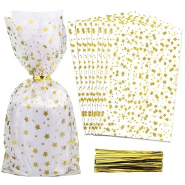 COQOFA 100 Pcs Star Printed 5X 11 Gift Wrap Cello Cellophane Treat Bags Party Favor bags Clear Candy Cookie Bags Plastic Poly Goodie Storage Bags with Twist Ties for Bakery,Birthday, Wedding ,Party Decorations (Gold)