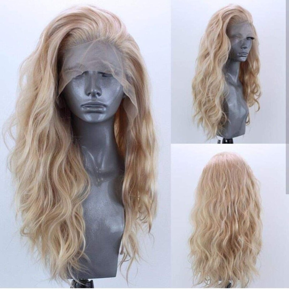 ELESTY Long Natural Curly Glueless Lace Front Wig Gloden Blonde Synthetic Lace Front Wigs for Women Left Part Glueless Heat Resistant Fiber Hair Daily Party Wig 
