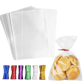 LEOSINDA Cellophane Bags,200pcs 5 X 7 Inches Cello Cellophane Treat Bags with 6 Types Twist Ties for Gift Wrapping,Packaging Candies,Dessert,Bakery, Cookies, Chocolate,Party Favor