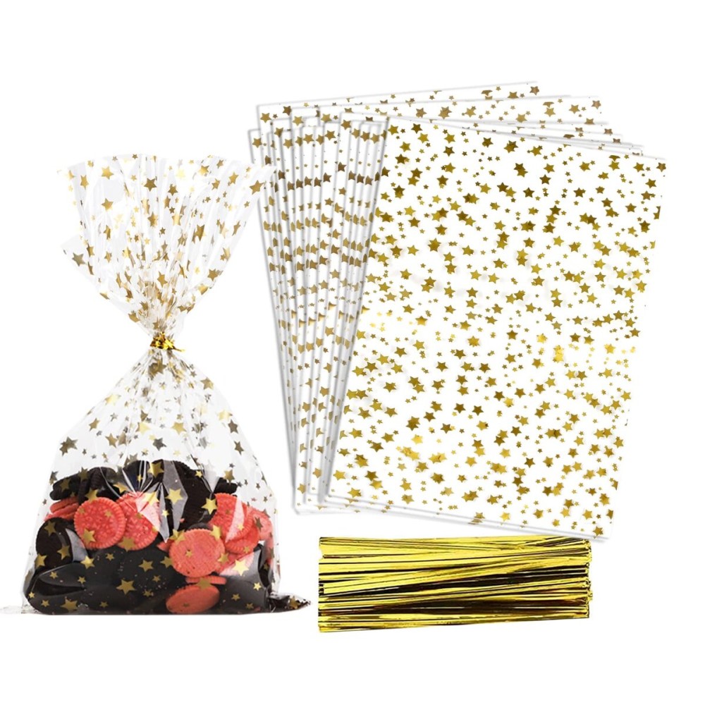 COQOFA 100 Pcs Star Printed 4X6 Gift Wrap Cello Cellophane Treat Bags Party Favor bags Clear Candy Cookie Bags Plastic Poly Goodie Storage Bags with Twist Ties for Bakery,Birthday, Wedding ,Party Decorations (Gold)