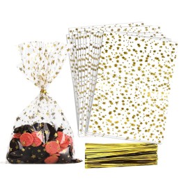 COQOFA 100 Pcs Star Printed 4X6 Gift Wrap Cello Cellophane Treat Bags Party Favor bags Clear Candy Cookie Bags Plastic Poly Goodie Storage Bags with Twist Ties for Bakery,Birthday, Wedding ,Party Decorations (Gold)