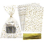 COQOFA 100 Pcs Star Printed 8X 12 Gift Wrap Cello Cellophane Treat Bags Party Favor bags Clear Candy Cookie Bags Plastic Poly Goodie Storage Bags with Twist Ties for Bakery,Birthday, Wedding ,Party Decorations (Gold)