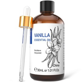 HIQILI 1 Fl Oz Vanilla Essential Oil, Undiluted Natural Strong Fragrance Add in Skin Perfume, Unscented Lotion, Candle Soap Making Scent, Relax at Home with Diffuse Warm Sweet Aroma