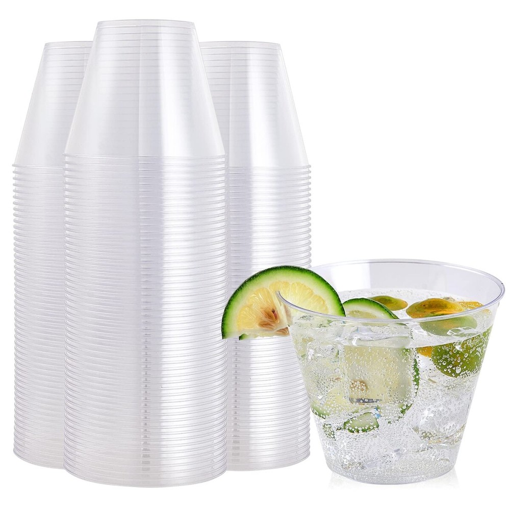 FOCUSLINE 9 oz Clear Plastic Cups, Disposable Heavy Duty Hard Plastic Cups, Reusable, 100 Count