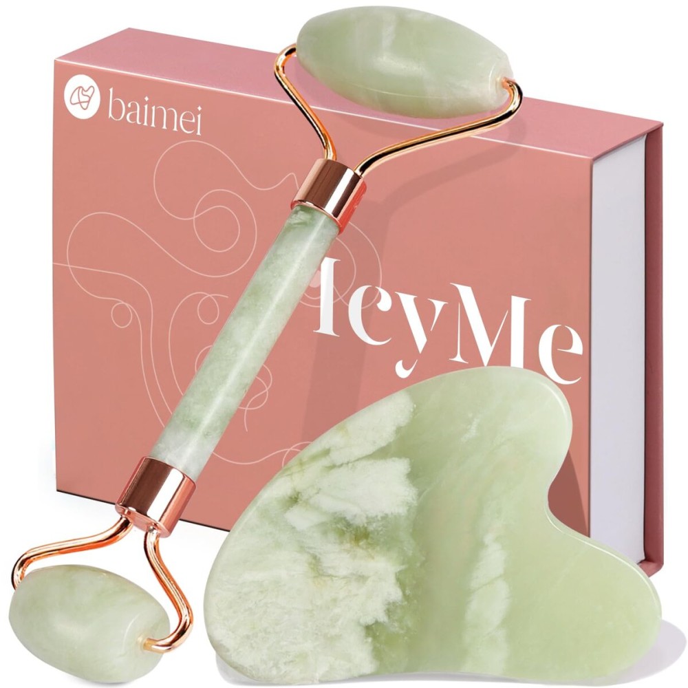BAIMEI IcyMe Jade Roller & Gua Sha Set Face Roller and Gua Sha Facial Tools for Skin Care Routine and Puffiness, Self Care Gift for Men Women - Light Green