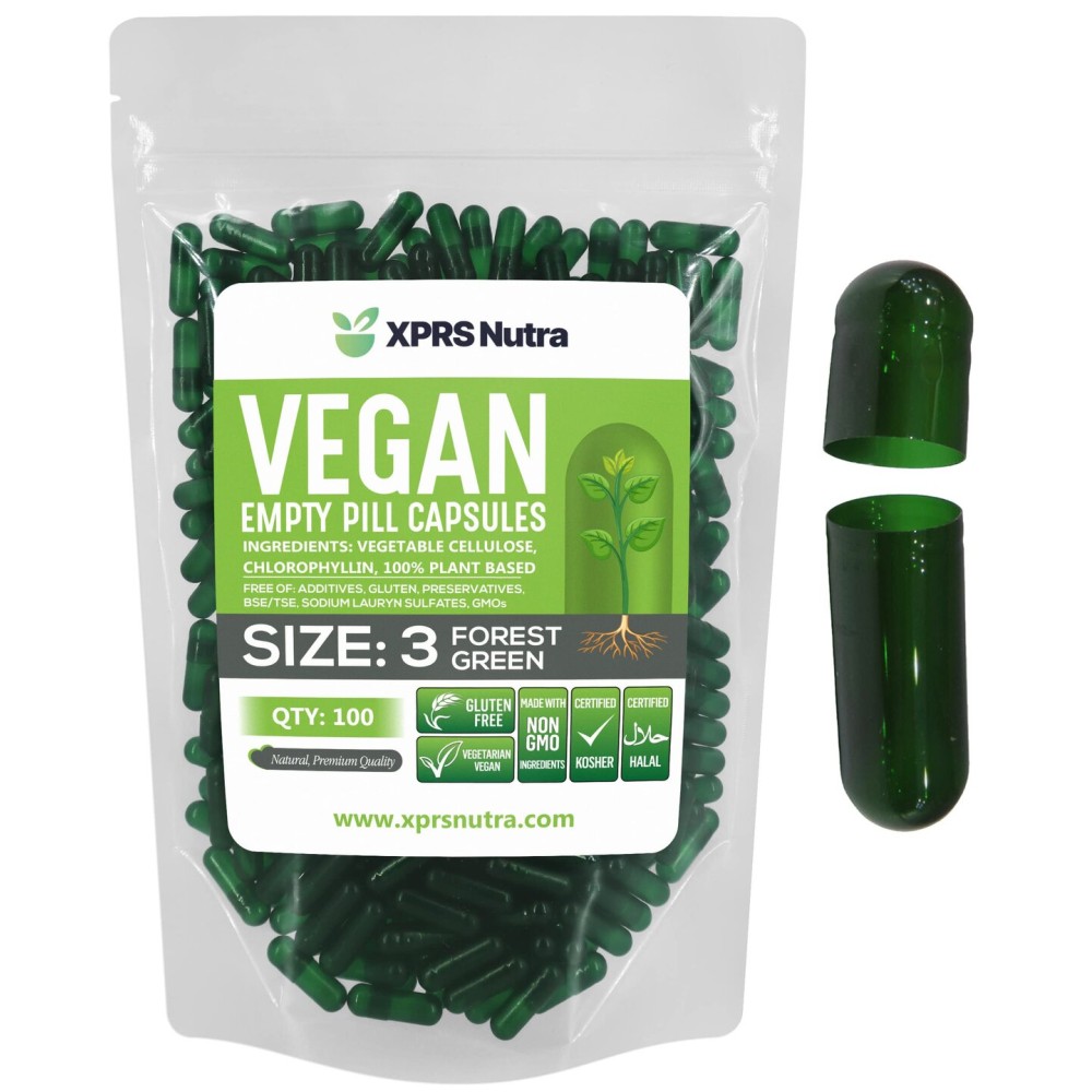 XPRS Nutra Size 3 Empty Capsules - 100 Count Empty Vegan - Vegetarian Empty Pill Capsules - DIY Vegetable Capsule Filling - Veggie Pill Caps (Forest Green)