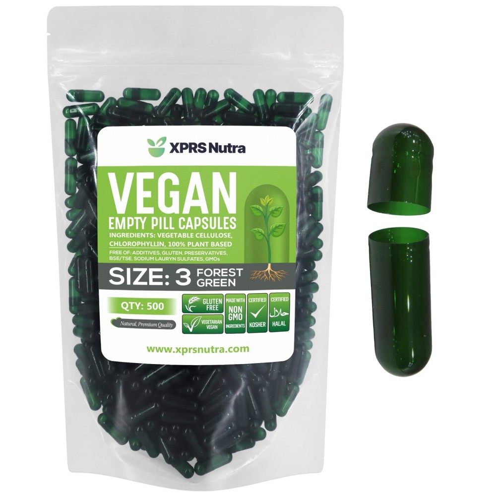 XPRS Nutra Size 3 Empty Capsules - 500 Count Empty Vegan Capsules - Vegetarian Empty Pill - DIY Vegetable Capsule Filling - Veggie Pill Caps (Forest Green)