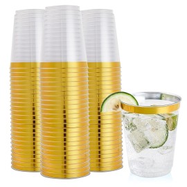 FOCUSLINE 10 oz Gold Plastic Cups, Disposable Clear Fancy Hard Plastic Cups, Gold Rimmed, Heavy Duty, Reusable,100 Count