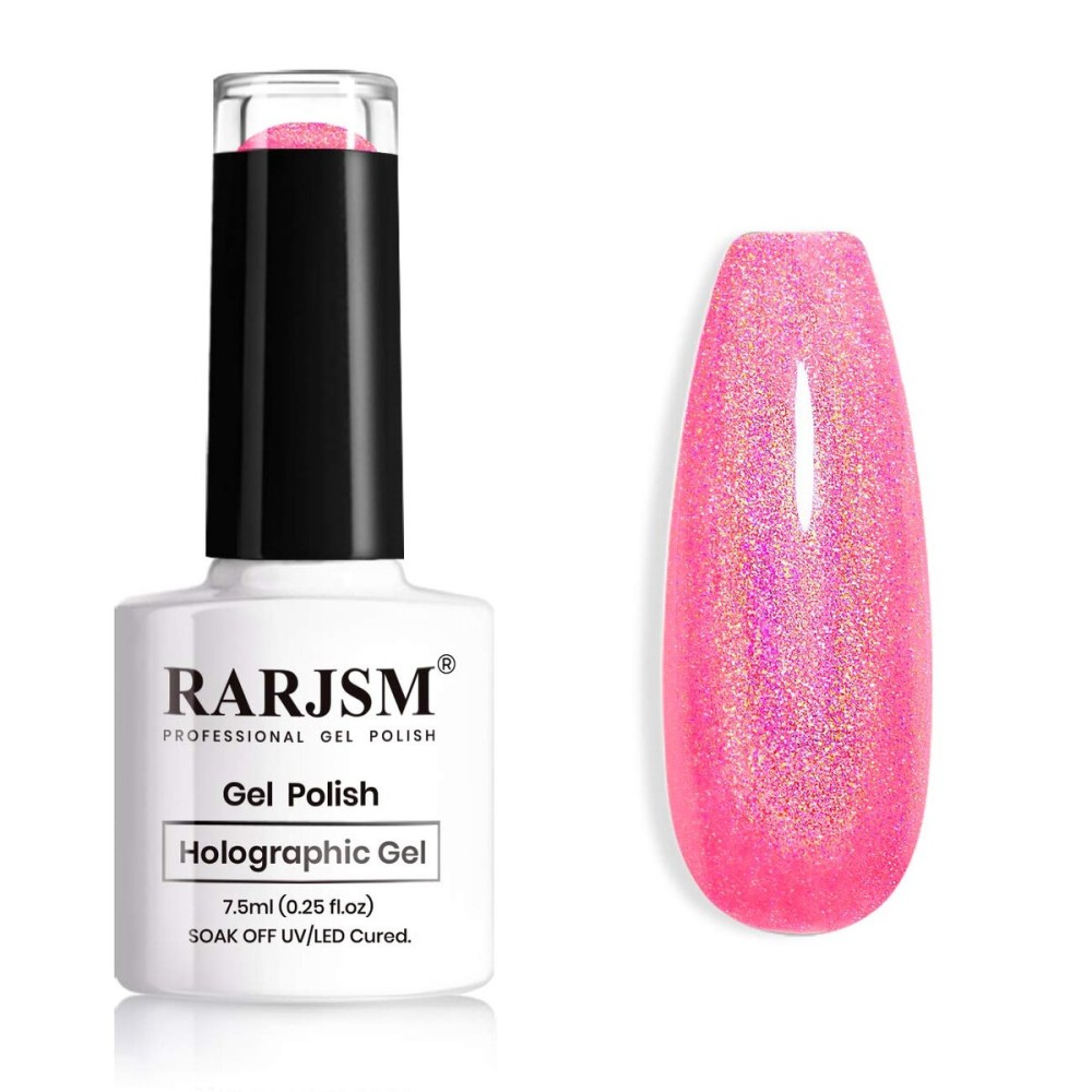 RARJSM Holographic Nail Polish Neon Hot Pink Gel Nail Polish 7.5ML Gorgeous Glossy Hologram NailGel Curing Required Gel Polish Nail Art Manicure Salon DIY at Home