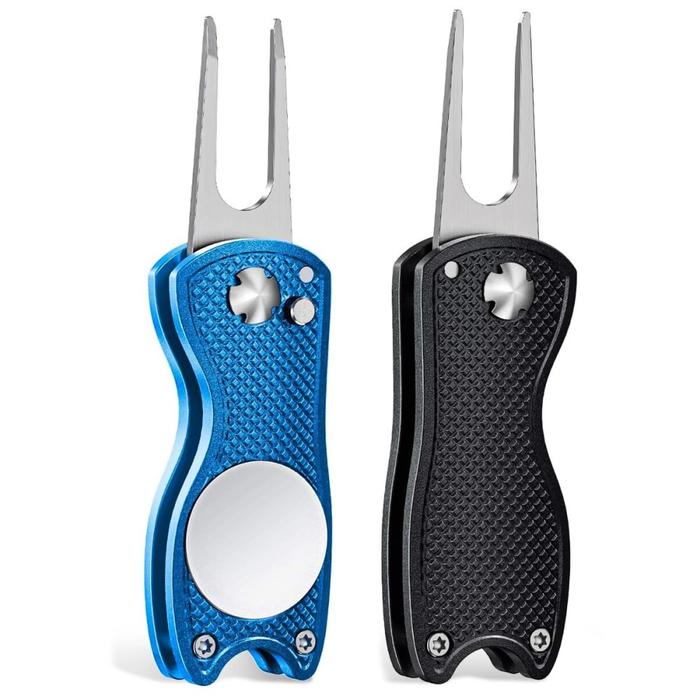 Mile High Life 2-Piece Golf Divot Repair Tool w/ Magnetic Ball Marker | All-Metal Foldable Tool w/ Pop-Up Button | Club Holder | Men\'s Golf Accessories (Black, Blue)