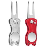 Mile High Life 2-Piece Golf Divot Repair Tool w/ Magnetic Ball Marker | All-Metal Foldable Divot Tool w/ Pop-Up Button | Club Holder | Men\'s Golf Accessories (Red, Sliver)
