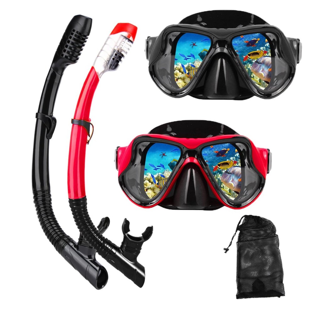DIPUKI Snorkeling Gear for Adults Snorkel mask Set Scuba Diving mask Dry Snorkel Swimming Glasses Swim Dive mask Nose Cover Youth Diving (Black+red2 Pack)