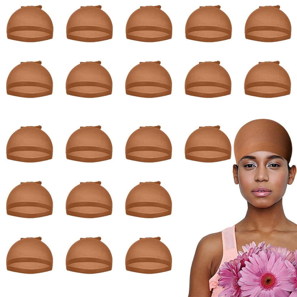 Smilco 20-Piece Black Lace Front Stocking Cap - Stretchy Nylon Wig Cap for Women\'s Wigs, Brown