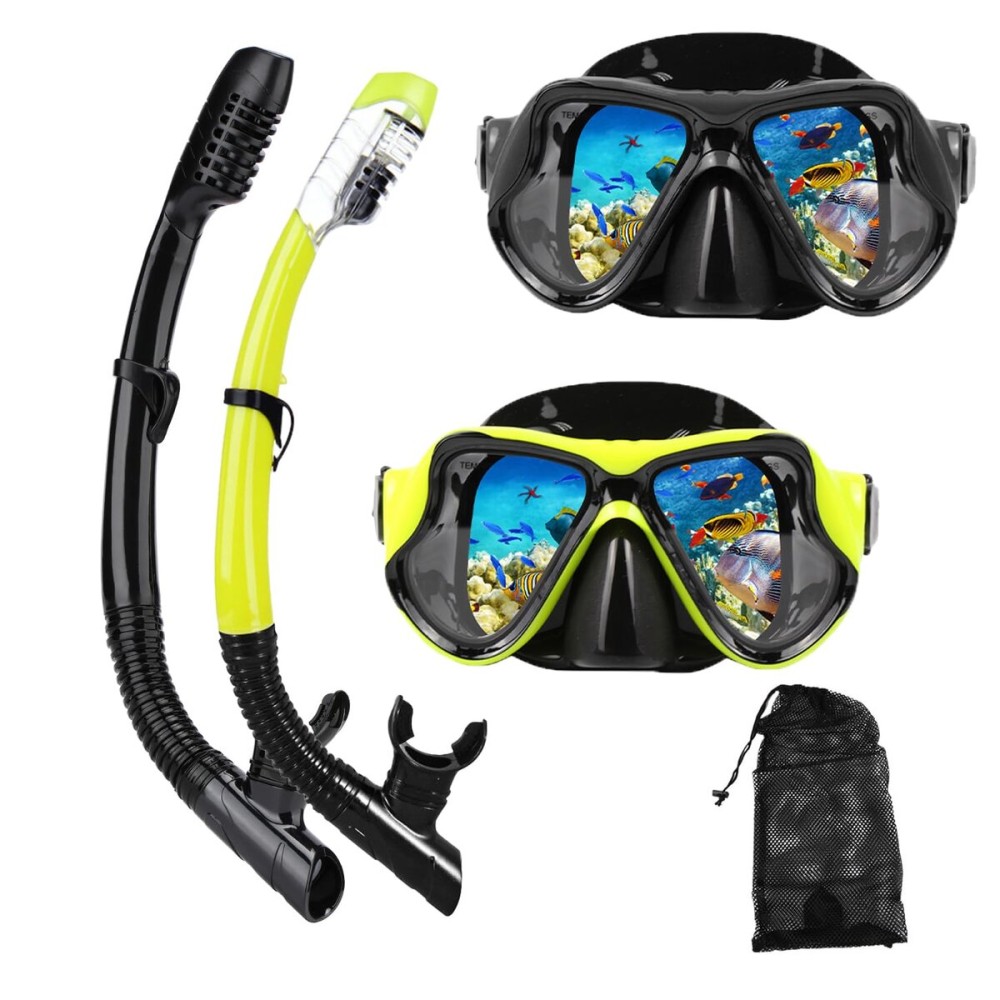 DIPUKI Snorkeling Gear for Adults Snorkel mask Set Scuba Diving mask Dry Snorkel Swimming Glasses Swim Dive mask Nose Cover Youth Diving (Black+Yellow2 Pack)