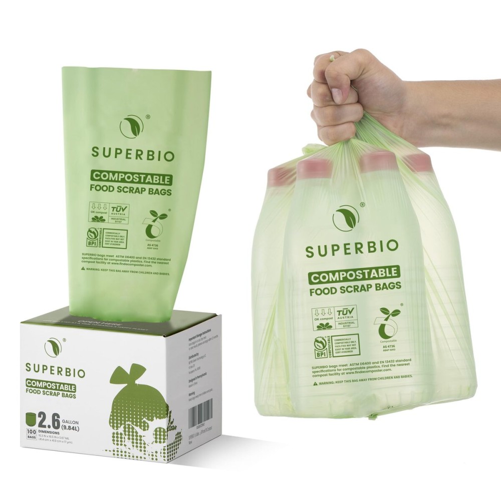 SUPERBIO 2.6 Gallon Compostable Food Waste Bags, 100 Count, 1 Pack, Flat Top Food Scrap Bags ASTM D6400Certified by BPI and OK compost INDUSTRIAL,9.84L