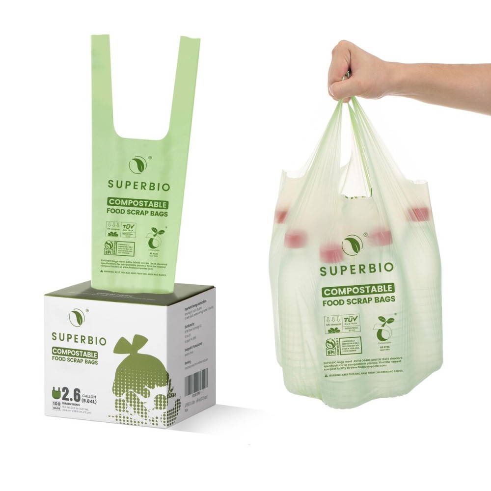 SUPERBIO 2.6 Gallon Compostable Bags with Handles, 100 Count,1 Pack, Food Scrap Bags Certified by BPI and OK compost INDUSTRIAL, 9.84L