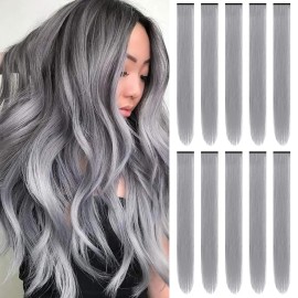 TOFAFA 22 inch Colored Hair Extensions Straight Hairpiece, Multi-colors Party Highlights Clip in Synthetic Hair Extensions for Girls Women Kids Favor Gift(10 PCS Grey)