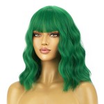 BERON 14 Inches Emerald Green Wig for Women Short Curly Green Wigs with Bangs for Daily Party Hairnet Include