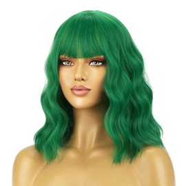 BERON 14 Inches Emerald Green Wig for Women Short Curly Green Wigs with Bangs for Daily Party Hairnet Include