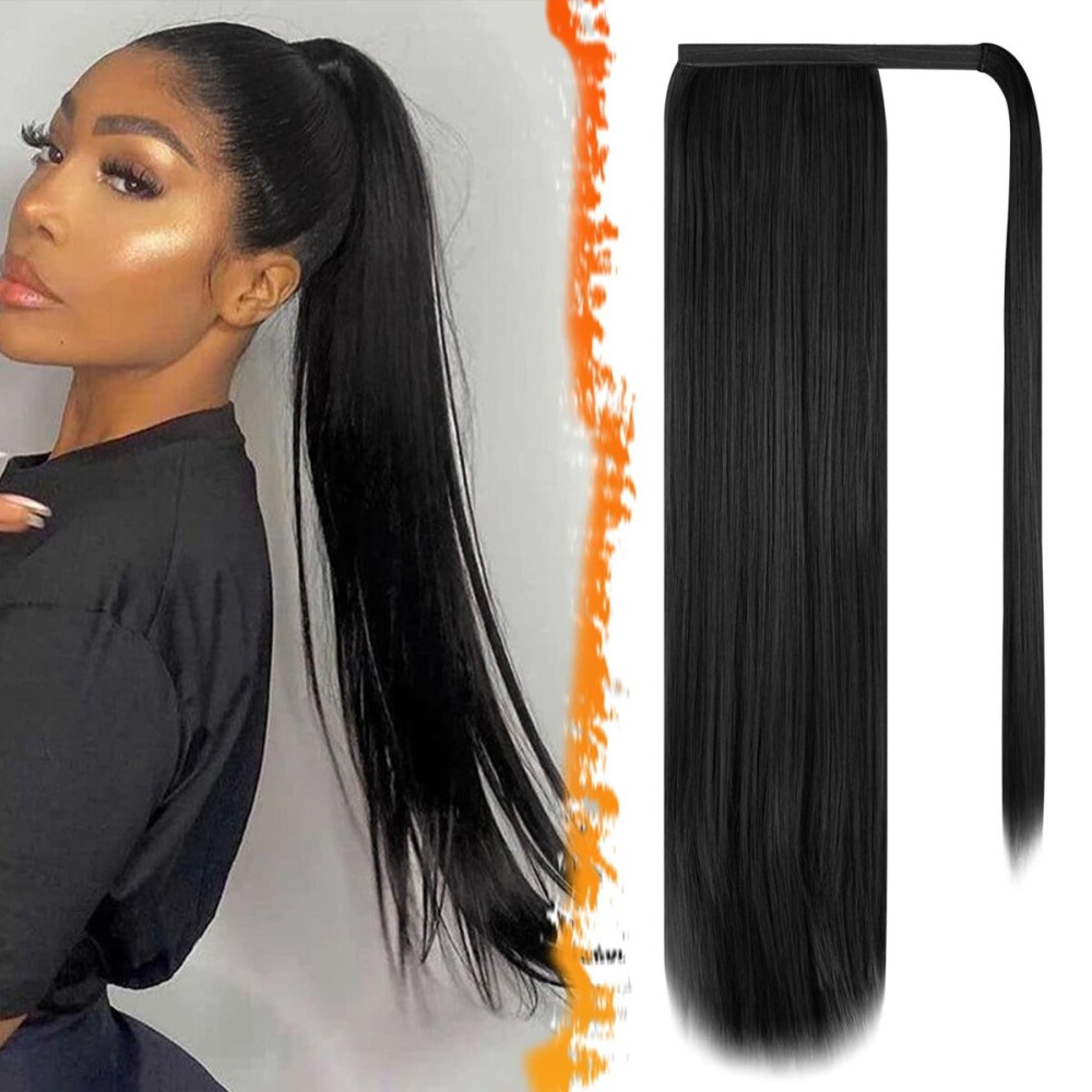 BARSDAR Black Straight Wrap Ponytail Extension - 24 Inch Long Straight Wrap Around Ponytail for Black Women, Clip in Ponytails Hair Extensions Synthetic Pony Tails Hairpieces Daily