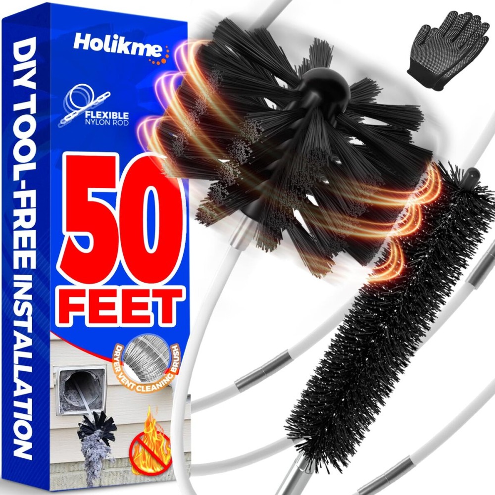 Holikme 50Feet Dryer Vent Cleaner Kit - Flexible Lint Brush with Drill Attachment, Extends up to 50Feet for Fireplace Chimney & Dryer Vent Cleaning,Use with or Without a Power Drill