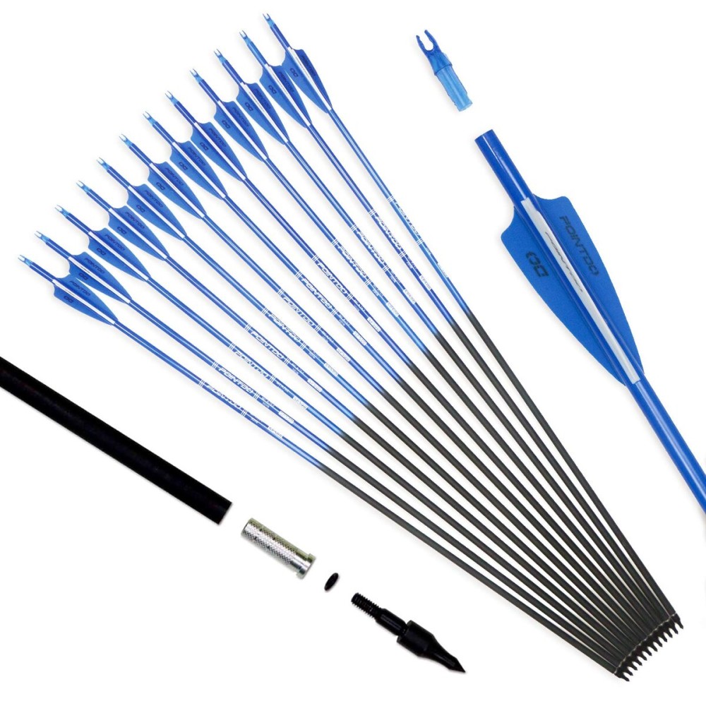 Pointdo 30inch Carbon Arrow Fluorescence Color Targeting and Practice and Hunting Arrows for Compound Bow and Recurve Bow with Removable Tips(Pack of 12) (Fluorescein Blue)