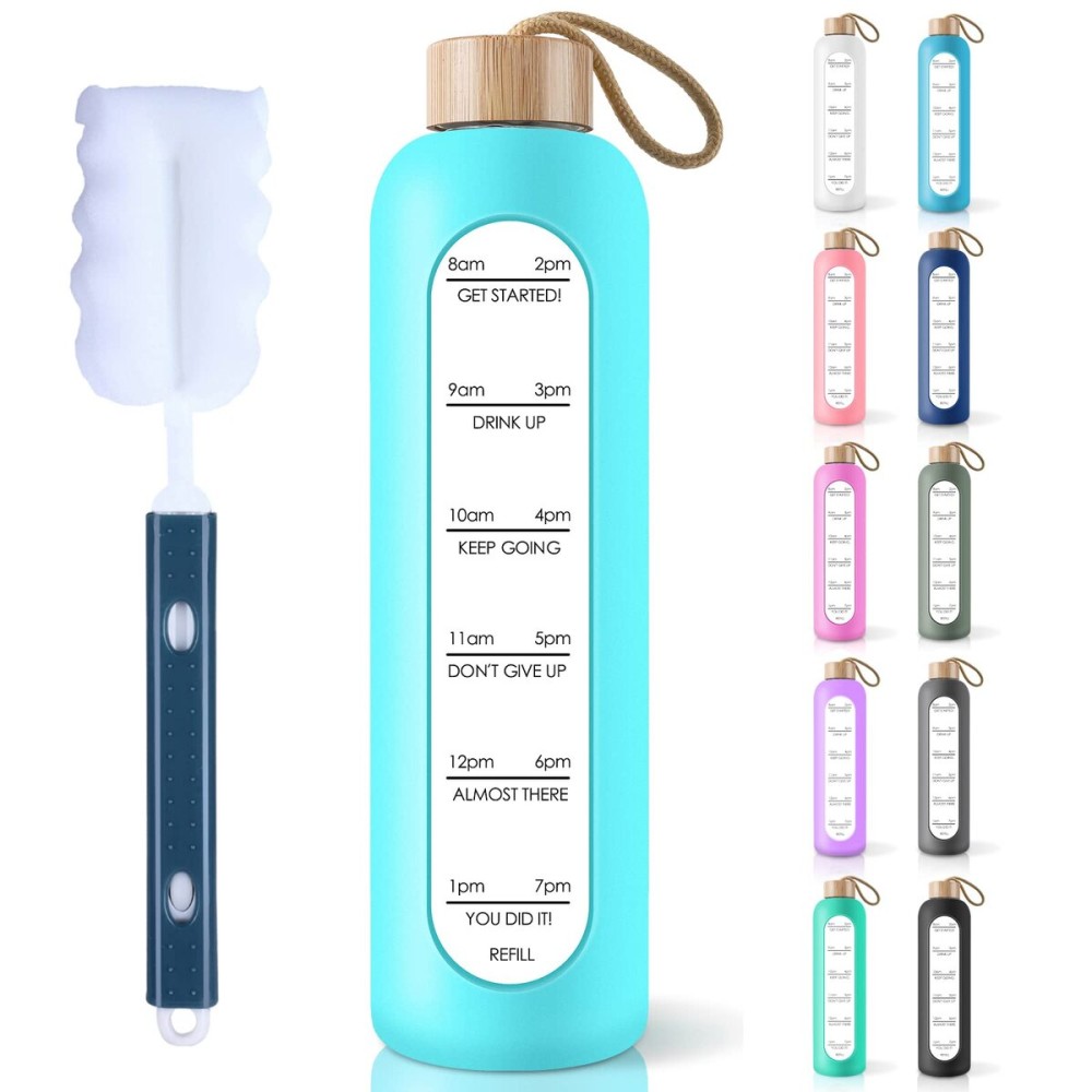 PROBTTL 32 Oz Borosilicate Glass Water Bottle with Time Marker Reminder Quotes, 1 Liter Leak Proof Reusable BPA Free Motivational Water Bottles with Silicone Sleeve and Bamboo Lid (Teal)