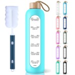 PROBTTL 32 Oz Borosilicate Glass Water Bottle with Time Marker Reminder Quotes, 1 Liter Leak Proof Reusable BPA Free Motivational Water Bottles with Silicone Sleeve and Bamboo Lid (Teal)