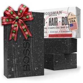 Bossman 3-Pack 4-in-1 Charcoal Soap Bar (4 oz) - Bar Soap for Men - All-Natural Beard Wash, Shampoo, Body Wash & Shaving Solution - Lavender & Patchouli Scent