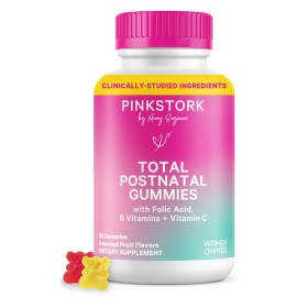 Pink Stork Total Postnatal Vitamin Gummies - Multivitamin for Postpartum Recovery and Lactation Support - Folic Acid, B6, & Vitamin C - Postpartum Essentials - 60 Gummy Vitamins
