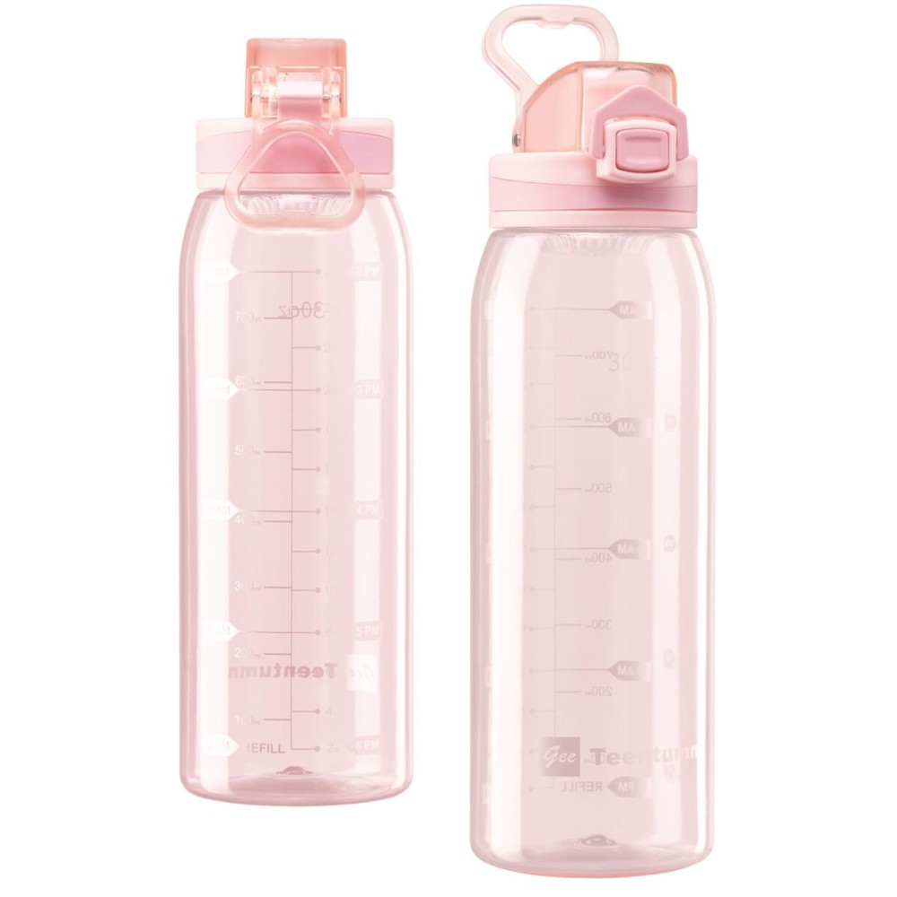 Teentumn Water Bottle BPA Free Tritan with Time Markers, 30oz Large Durable Gym Plastic Bottle for Fitness, Outdoor Enthusiasts, Leakproof Clear Pink (Pack of 1)