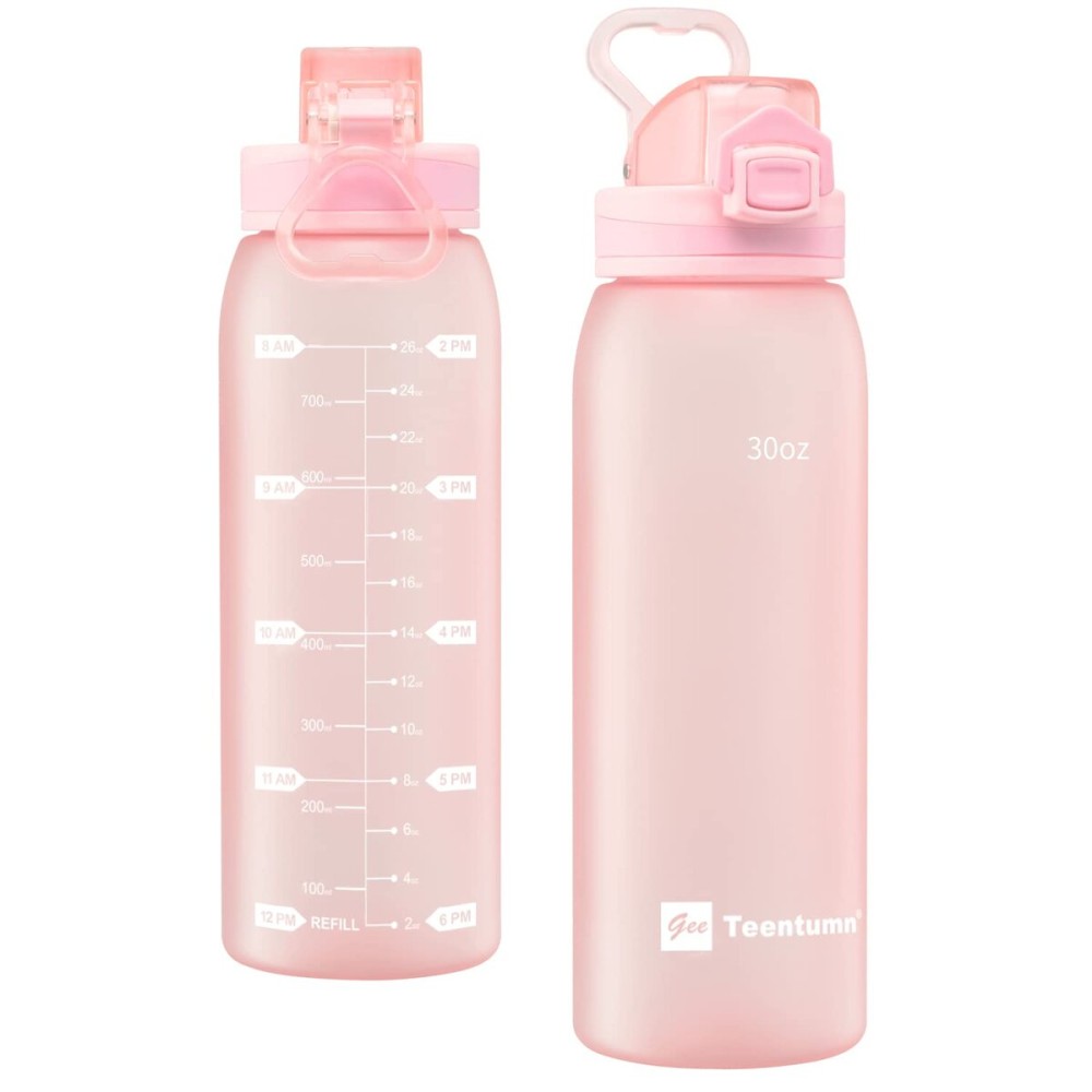 Teentumn 30oz Water Bottle with Time Markers and Filter, BPA Free Large Durable Portable Plastic Bottle for school (Pack of 1)