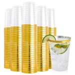 FOCUSLINE 200 Pack 12 oz Gold Rimmed Plastic Cups, Clear Plastic Cups Tumblers, Heavy-duty & Fancy Disposable Hard Cup 12 Ounce with Gold Rim for Wedding Cup Elegant Party Cups