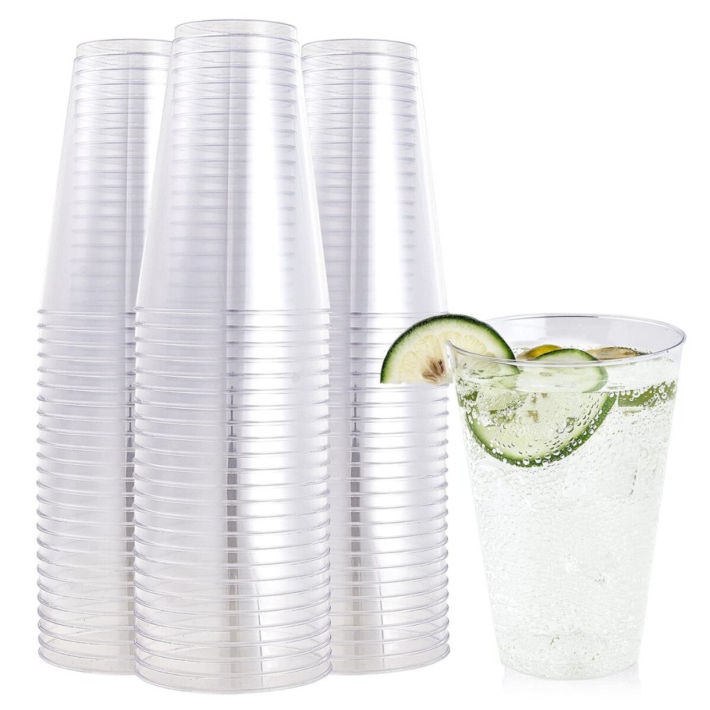 FOCUSLINE 100 Pack 14 oz Clear Plastic Cups, Disposable Cups Large Reusable Plastic Tumblers, Heavy-duty Clear Cups 14 Ounce for Wedding Party, Thanksgiving, Halloween, Christmas