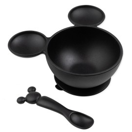 Bumkins Disney Mickey Mouse Bowl, Silicone First Feeding Set with Suction, Includes Spoon, Training Essentials for Baby-Led Weaning, Toddler Self-Feeding, Babies Eating at 4 Mos Up, Black