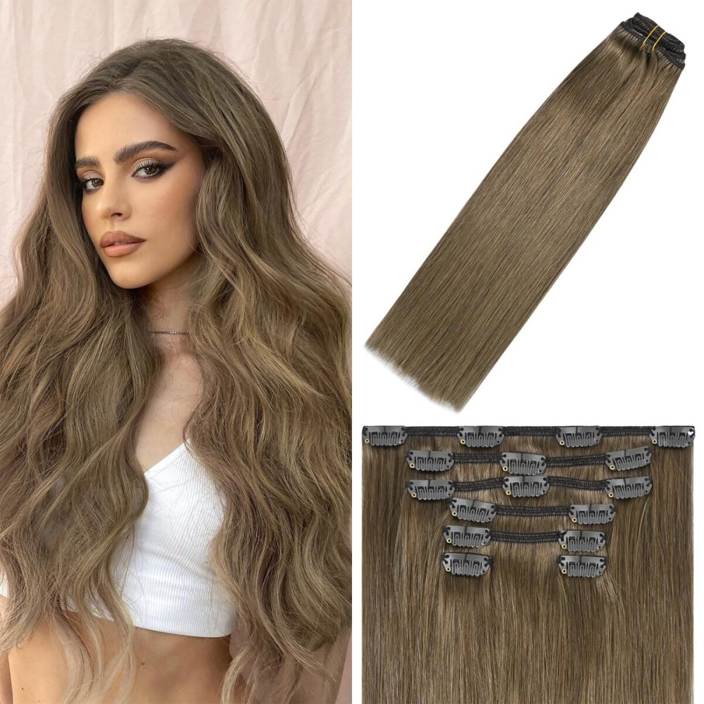 WindTouch Clip in Hair Extensions Human Hair Ash Brown Hair Extensions For Women 15Inch 75g Straight 8