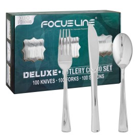 FOCUSLINE 300 Pack Silver Plastic Cutlery Set - 100 Forks, 100 Knives, 100 Spoons - Disposable Flatware Heavy Duty Plastic Silverware Set for Catering, Parties, Dinners, Weddings