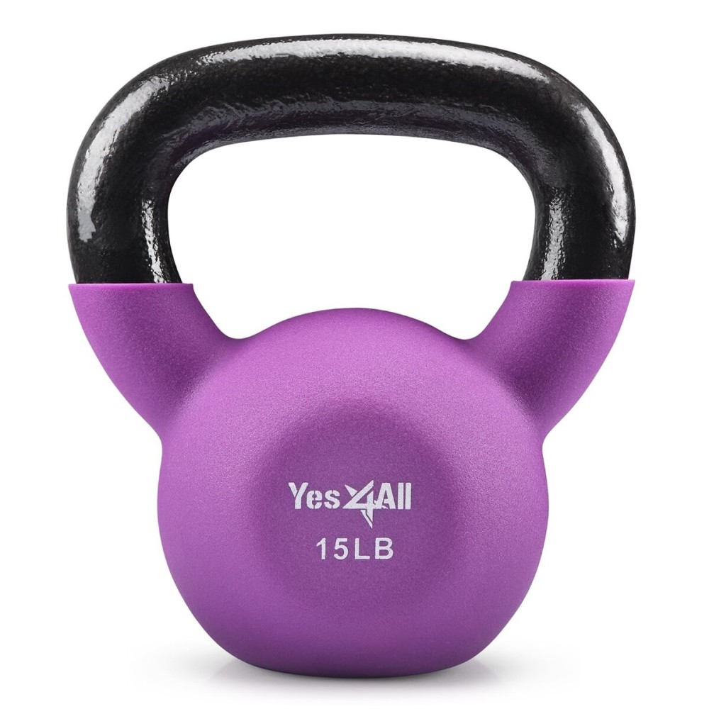 Yes4All Kettlebell, 15 LB Neoprene Coated Cast Iron Kettlebells, Wide Grip Handle & Flat Bottom for Swings, Squats, Deadlifts, Push Ups & Full Body Training at Home Gym