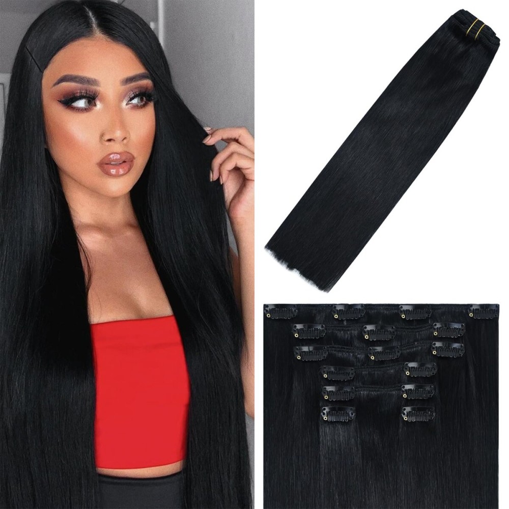WindTouch Clip in Hair Extensions Real Human Hair 1 Jet Black Hair Extensions 15Inch 7pcs 75g Straight Remy Human Hair Clip in Extensions Soft Natural Clip Ins Real Human Hair Black Women