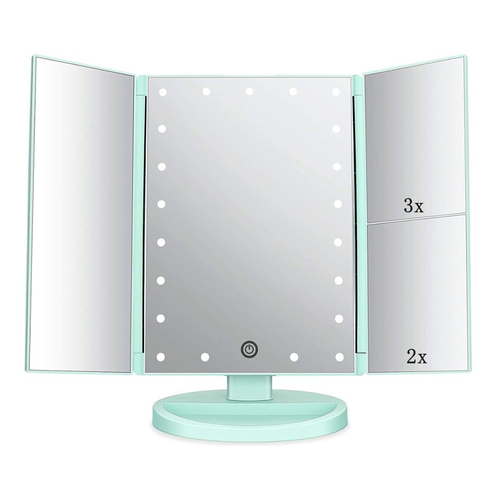 Flymiro Tri-fold Lighted Vanity Makeup Mirror with 3x/2x Magnification,21 LEDs Light and Touch Screen,180 Degree Free Rotation Countertop Cosmetic Mirror,Travel (Green)