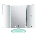 Flymiro Tri-fold Lighted Vanity Makeup Mirror with 3x/2x Magnification,21 LEDs Light and Touch Screen,180 Degree Free Rotation Countertop Cosmetic Mirror,Travel (Green)