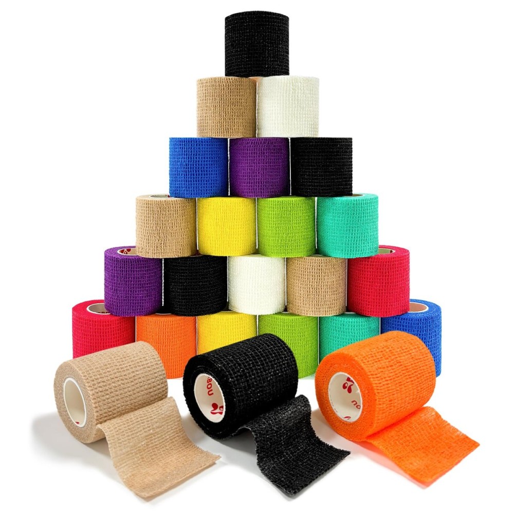 [24Pack 2 x5 Yards] Self Adhesive Bandages Vet Wrap, Wrap Tape Athletic Cohesive Bandage for Sports Injury, Strain, Knee&Wrist, Ankle Sprains. First Aid Non-Woven Bandages