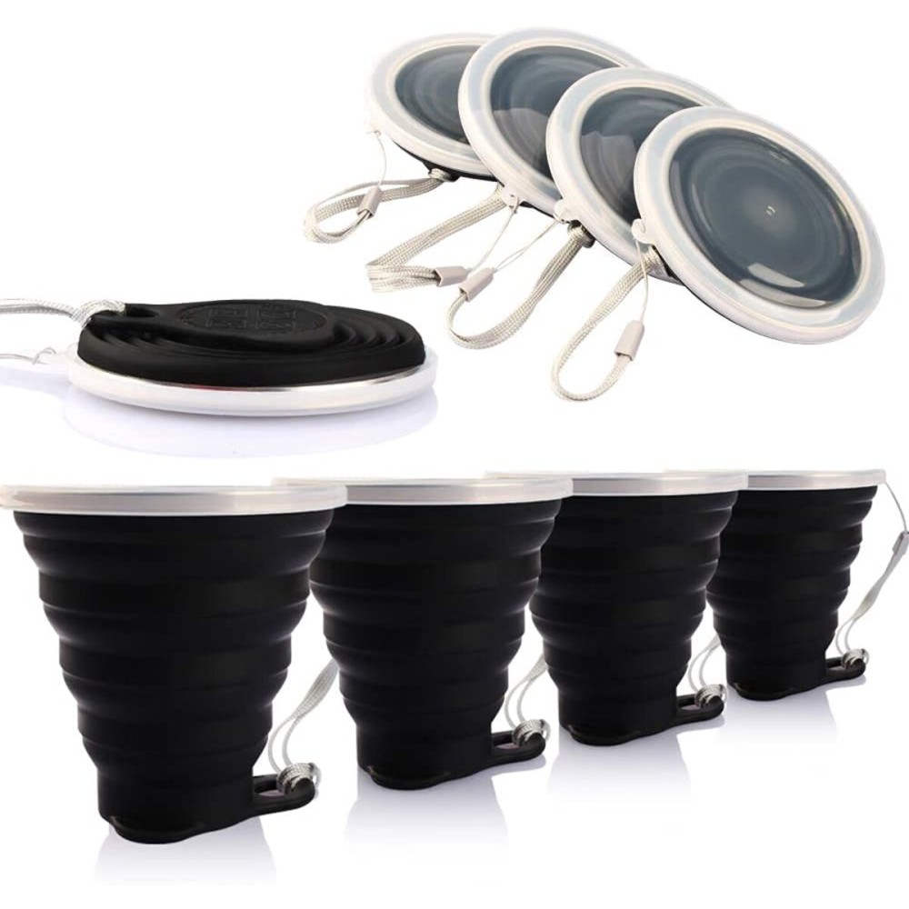 ME.FAN Silicone Collapsible Travel Cup - Silicone Folding Camping Cup with Lids - Expandable Drinking Cup Set of 4- Portable, Graduated [9.22oz]