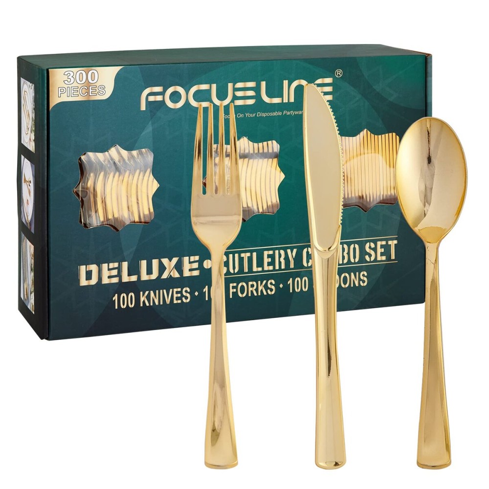 FOCUSLINE 300 Count Gold Plastic Silverware Set - 100 Forks, 100 Knives, 100 Spoons - Heavy Duty Plastic Cutlery Set Disposable Flatware for Catering, Parties, Dinners, Weddings