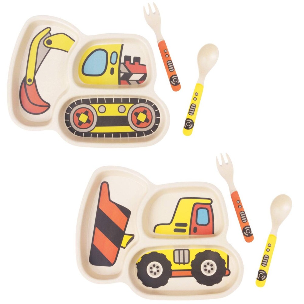 Lightening Toddler Plates Dinnerware Dinner Dish Set Baby Feeding Spill Proof Divided Plate - Baby Spoon and Fork 3-Piece Set Teaches Child Portion Control (excavator/bulldozer)