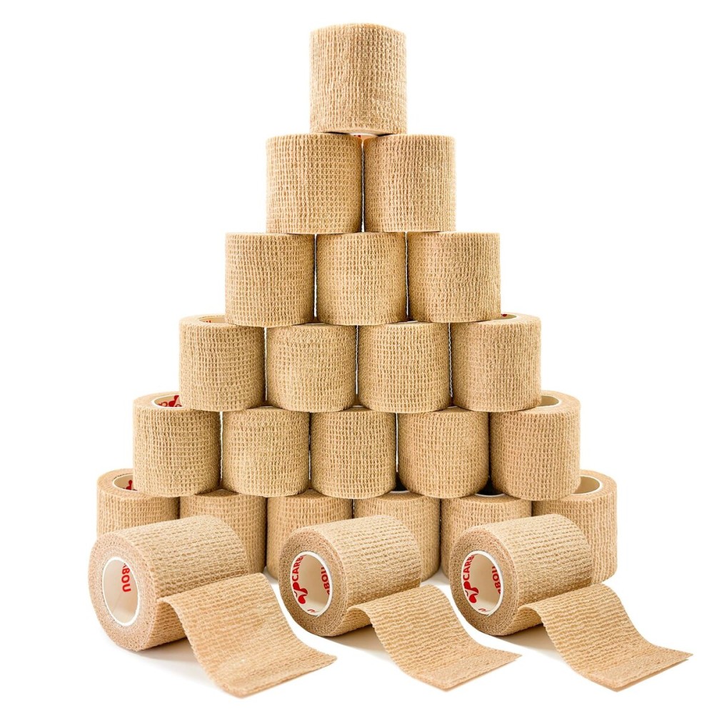 [24 Pack 2 x5 Yards] Carbou Self Adhesive Bandages Pre Wrap, Athletic Elastic Cohesive Bandage for Sports, Injuries, Treatments, and Recovery, First Aid Tape Vet Wrap for Cat, Dog