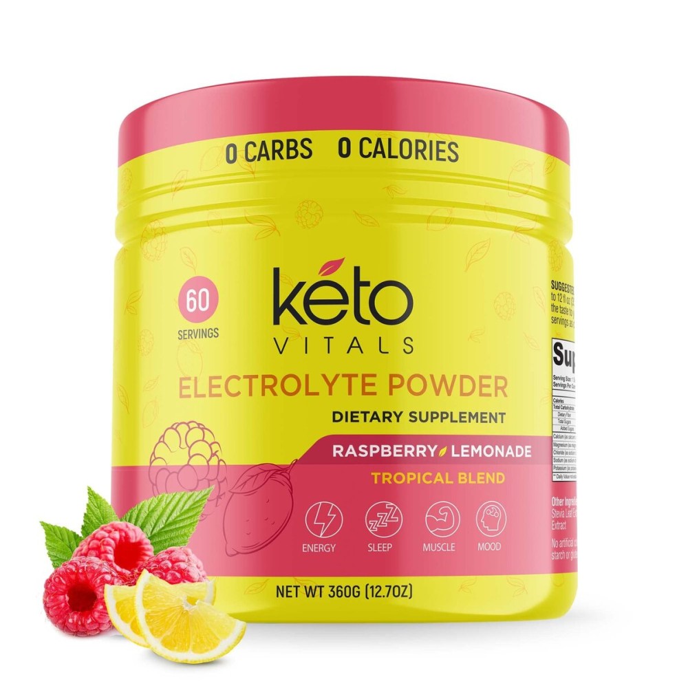 Keto Vitals Electrolytes Powder - Sugar Free Keto Electrolytes Powder with Potassium, Magnesium, Sodium, & Calcium - No Sugar Electrolyte Drink Mix & Hydration Powder, 60 Servings, Raspberry Lemonade